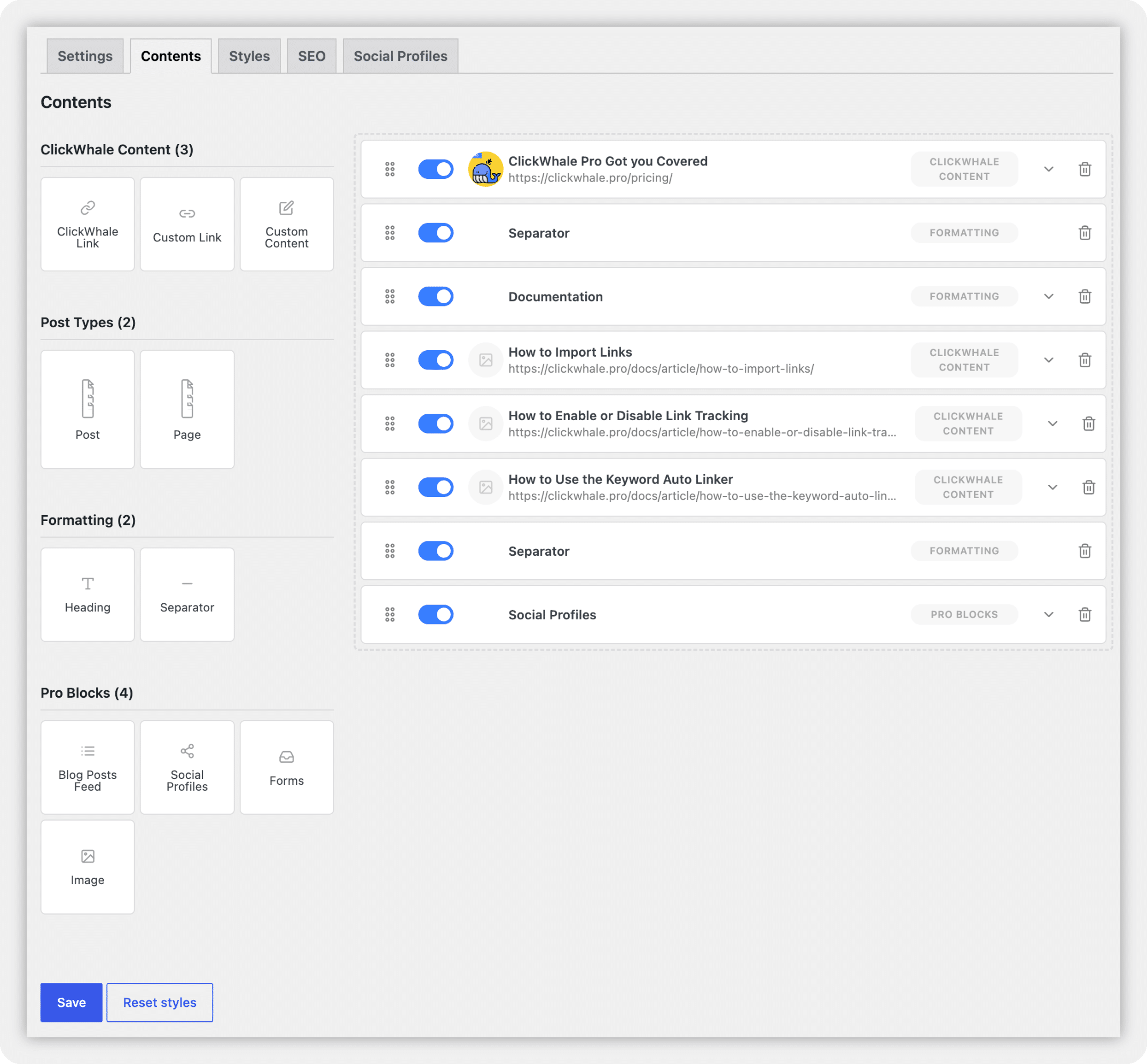 Updated Contents tab showing all available blocks