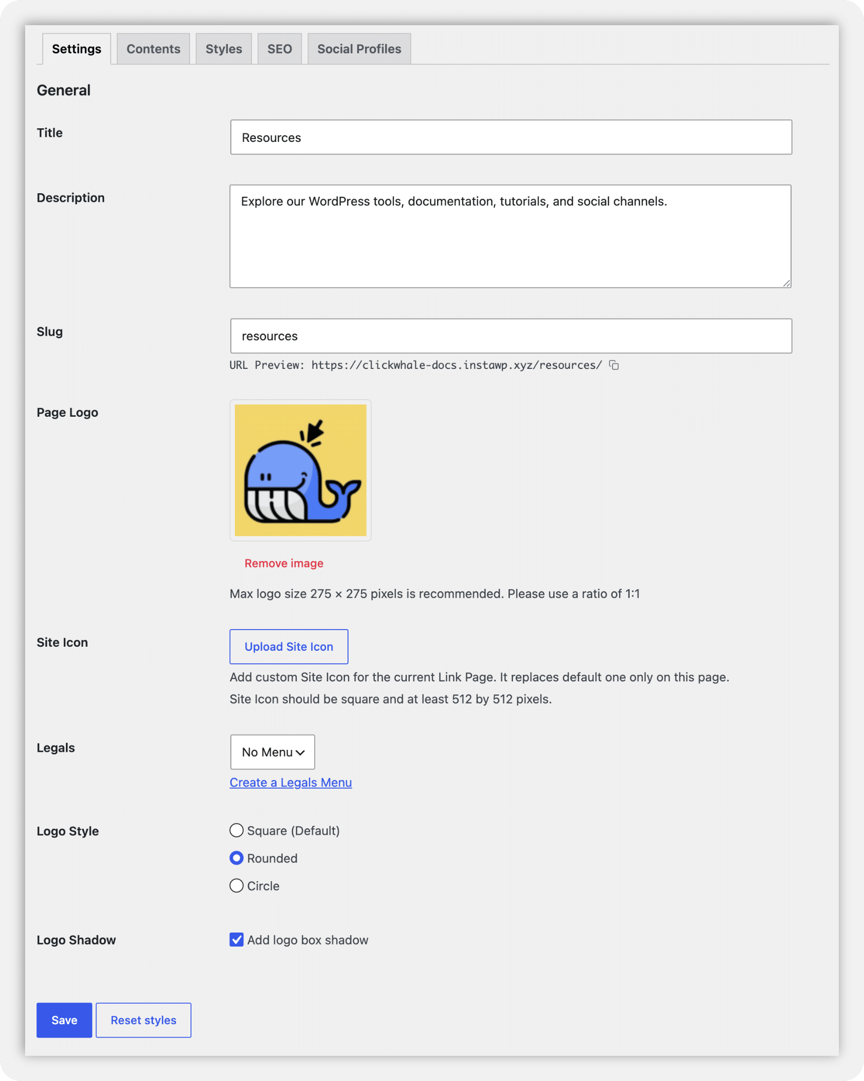 Updated Link Page Settings tab