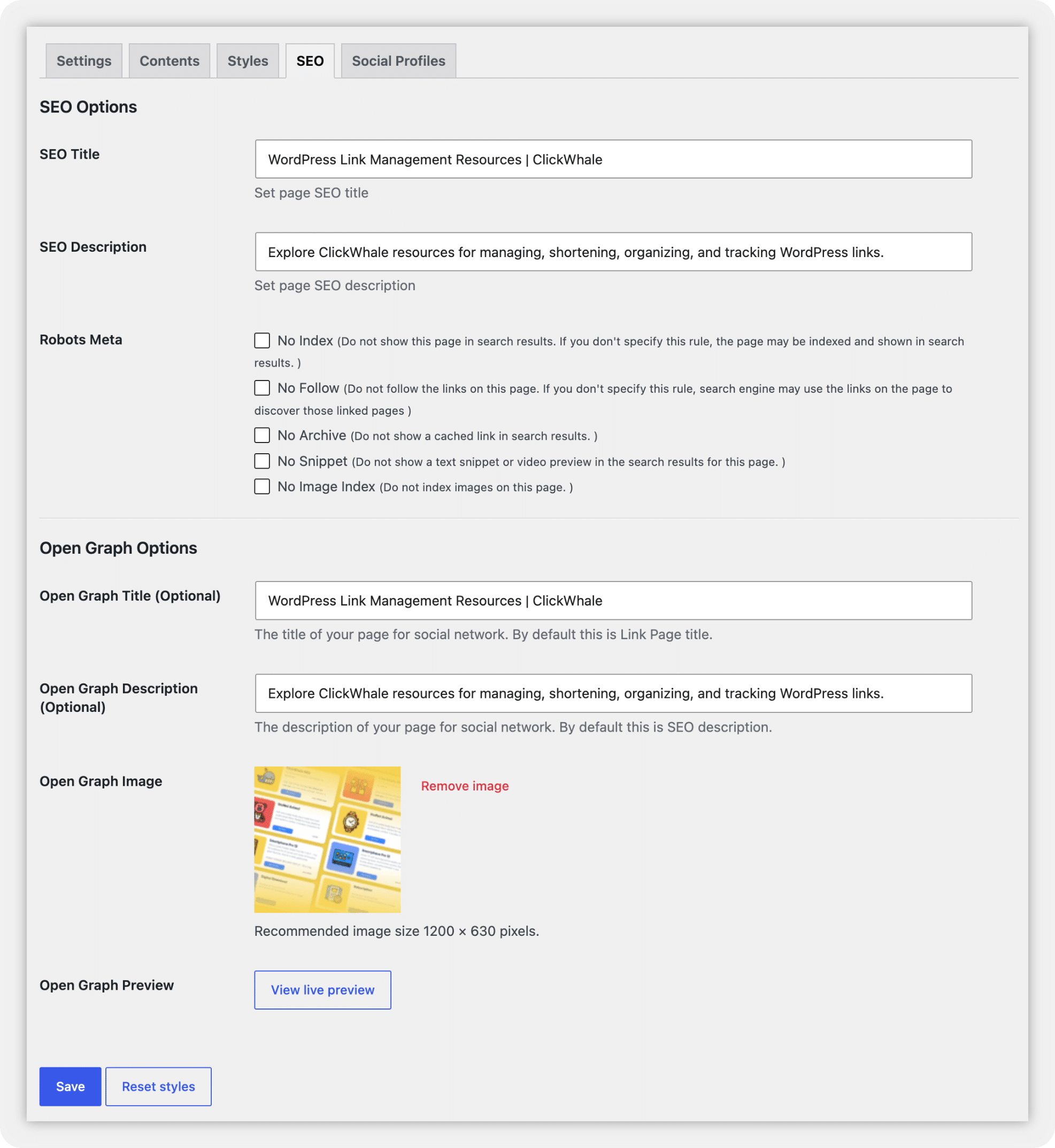 Updated SEO tab