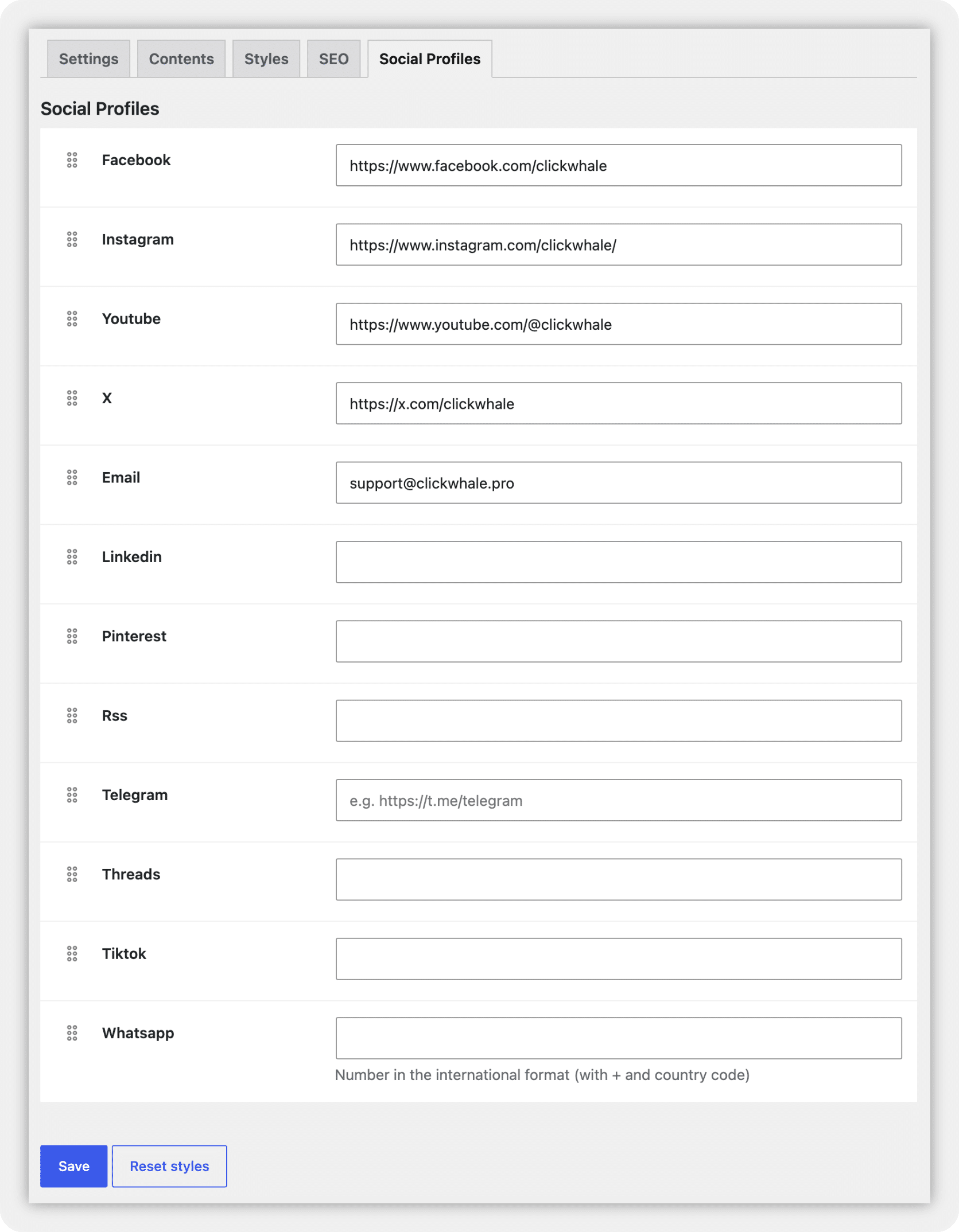 Updated Social Profiles tab