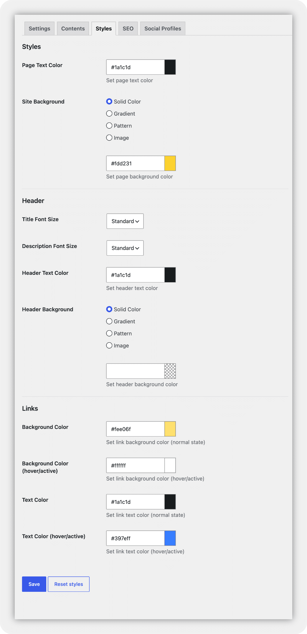 Updated Styles tab