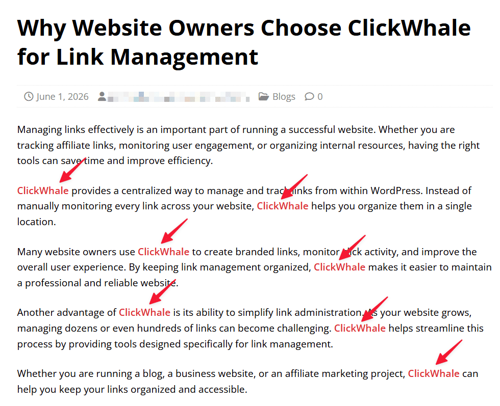 Frontend showing auto linked keywords