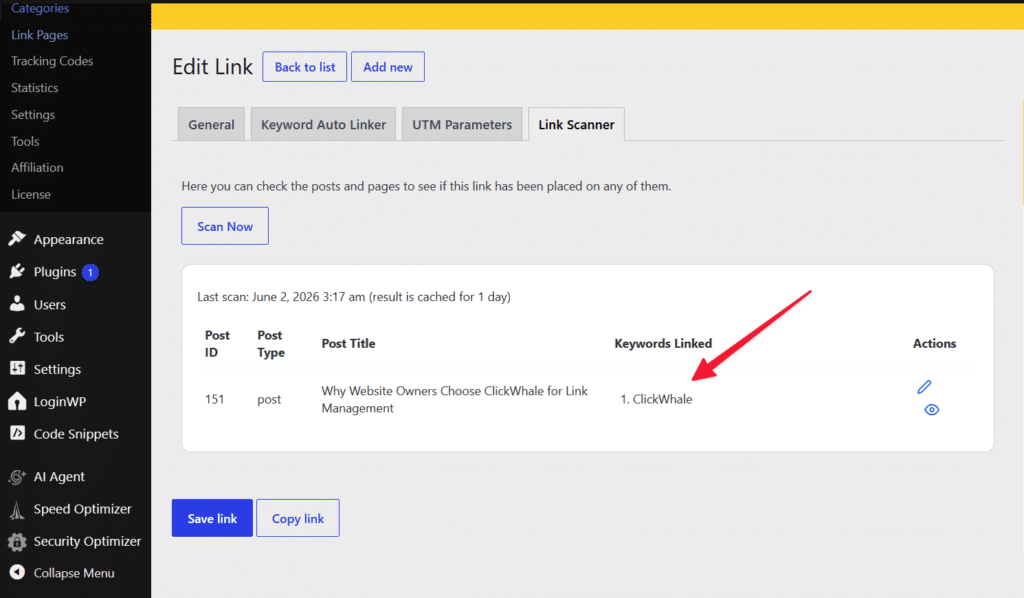 Link Scanner showing the detected post