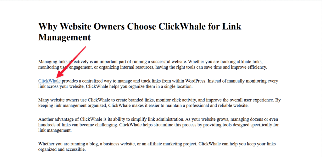 Link inserted directly in the content editor