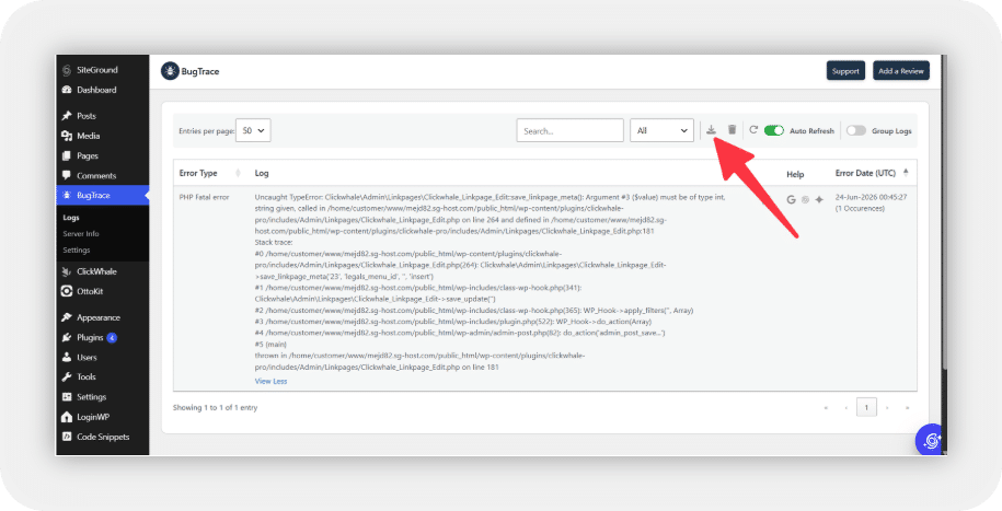 ClickWhale BugTrace Download Log
