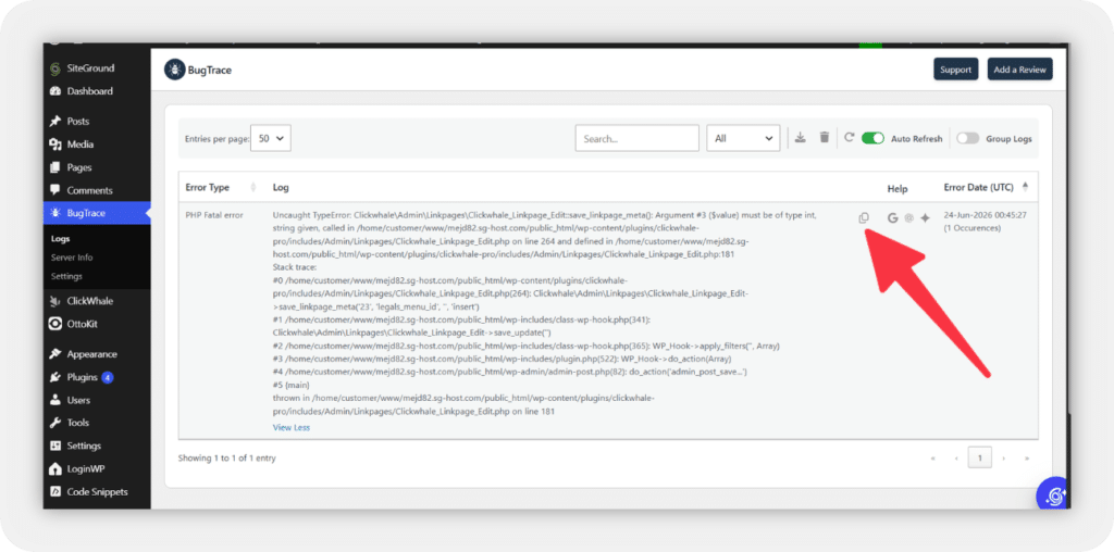 ClickWhale BugTrace Error Help