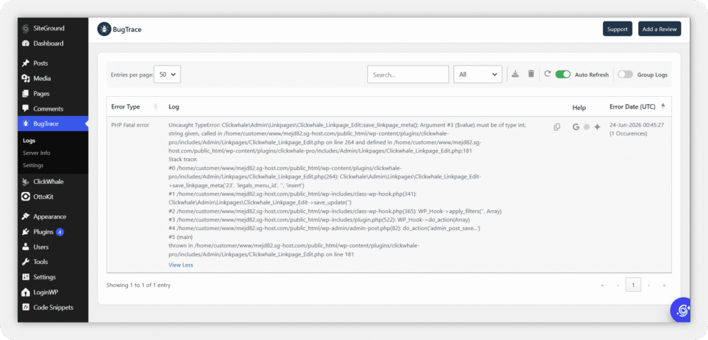 ClickWhale BugTrace Error Log