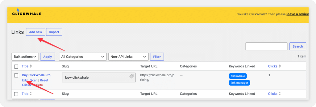 ClickWhale link manager keywords